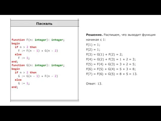 Решение. Распишем, что выводит функция начиная с 1: F(1) = 1; F(2)