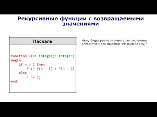 Рекурсивные функции с возвращаемыми значениями Чему будет равно значение, вычисленное алгоритмом при выполнении вызова F(5)?