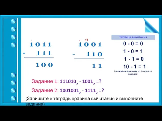 Правила вычитания: 1 0 1 1 - 1 1 1 0 0