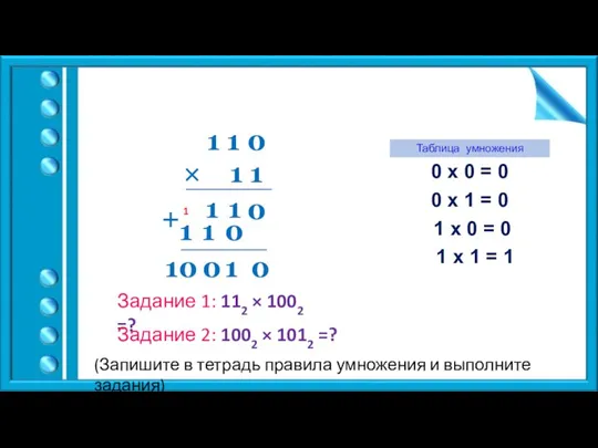 Правила умножения: 1 1 0 × 1 1 0 1 1 0