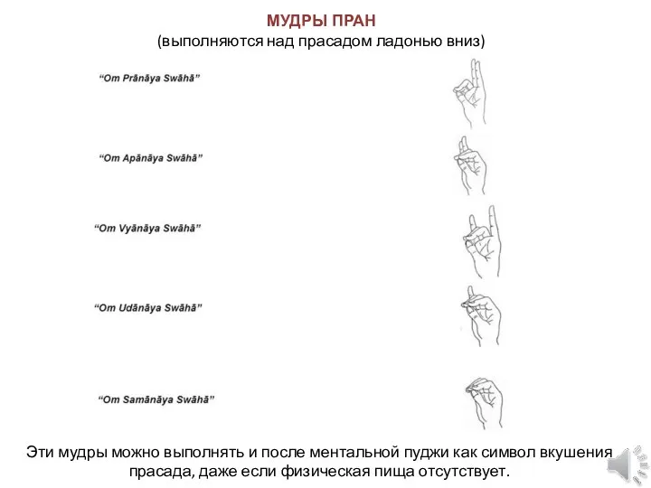 МУДРЫ ПРАН (выполняются над прасадом ладонью вниз) Эти мудры можно выполнять и