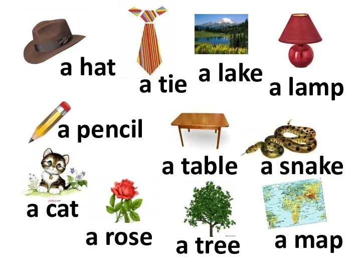 a hat a tie a lake a lamp a pencil a snake