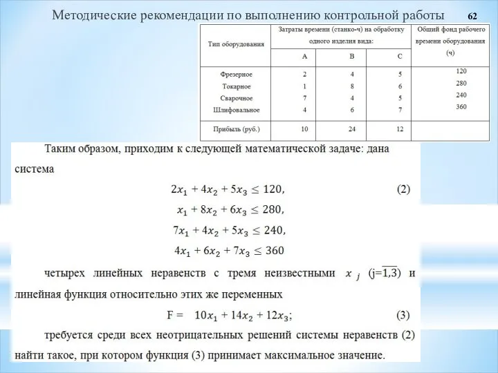 Методические рекомендации по выполнению контрольной работы 62