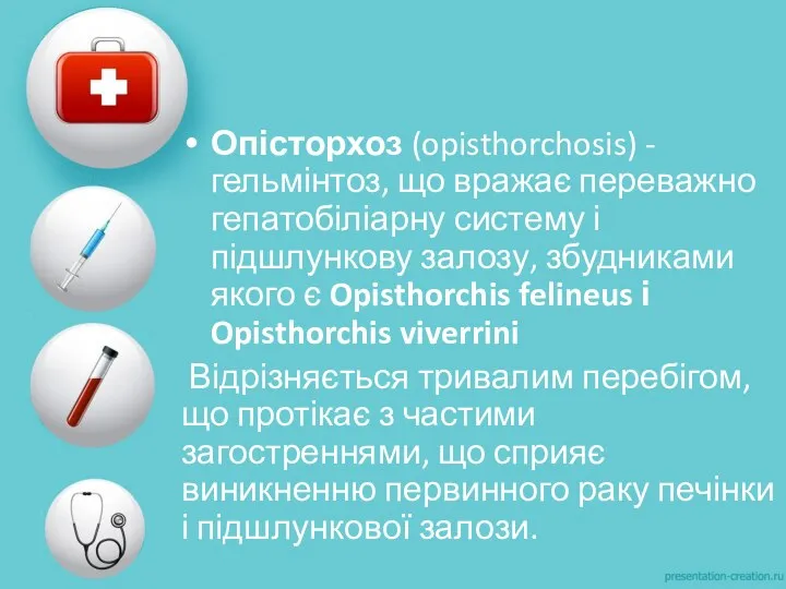 Опісторхоз (opisthorchosis) - гельмінтоз, що вражає переважно гепатобіліарну систему і підшлункову залозу,