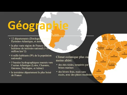 Géographie 12 départements (Dordogne, Gironde, Pyrénées-Atlantique, et autres. la plus vaste région