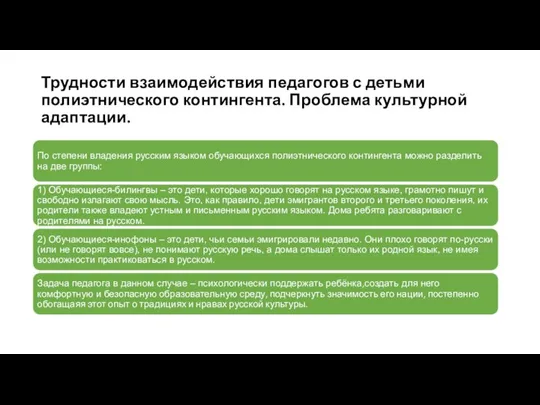 Трудности взаимодействия педагогов с детьми полиэтнического контингента. Проблема культурной адаптации.