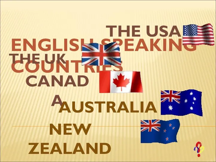 ENGLISH-SPEAKING COUNTRIES THE UK CANADA THE USA AUSTRALIA NEW ZEALAND
