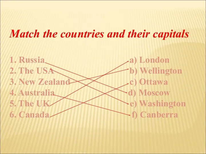 Match the countries and their capitals 1. Russia a) London 2. The