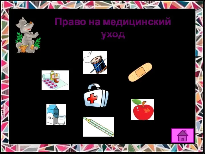 Право на медицинский уход Найди предметы, которые должны храниться в аптечке.