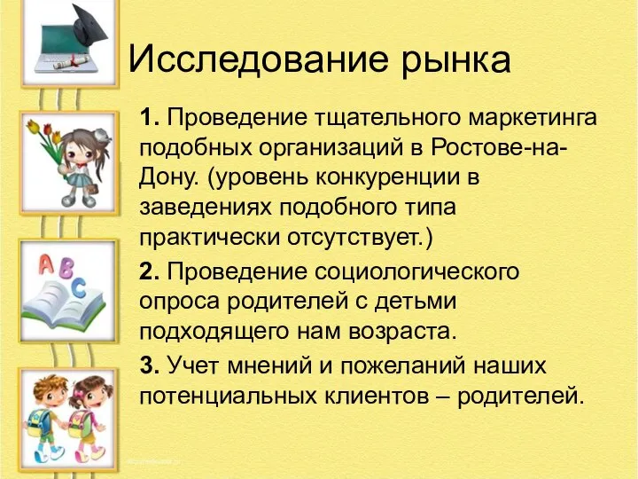 Исследование рынка 1. Проведение тщательного маркетинга подобных организаций в Ростове-на-Дону. (уровень конкуренции