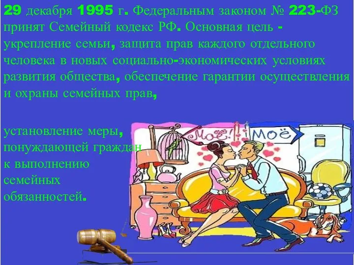 29 декабря 1995 г. Федеральным законом № 223-ФЗ принят Семейный кодекс РФ.