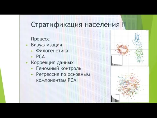 Процесс Визуализация Филогенетика PCA Коррекция данных Геномный контроль Регрессия по основным компонентам PCA Стратификация населения II