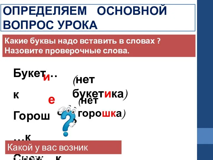 ОПРЕДЕЛЯЕМ ОСНОВНОЙ ВОПРОС УРОКА Какие буквы надо вставить в словах ? Назовите