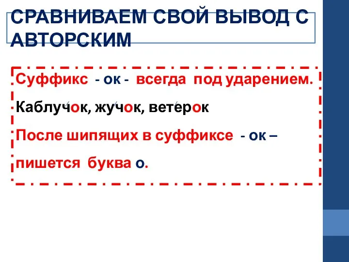 СРАВНИВАЕМ СВОЙ ВЫВОД С АВТОРСКИМ Суффикс - ок - всегда под ударением.