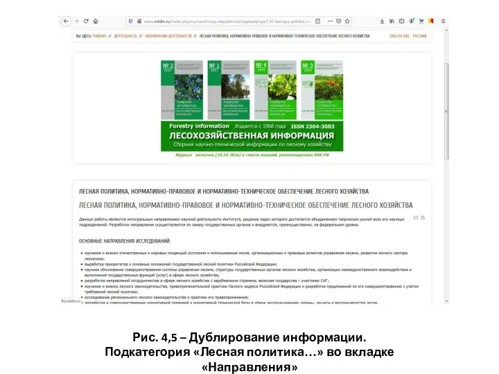 Рис. 4,5 – Дублирование информации. Подкатегория «Лесная политика…» во вкладке «Направления»