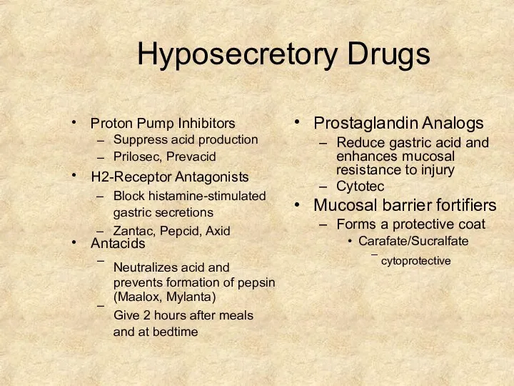 Hyposecretory Drugs • Proton Pump Inhibitors – – Suppress acid production Prilosec,