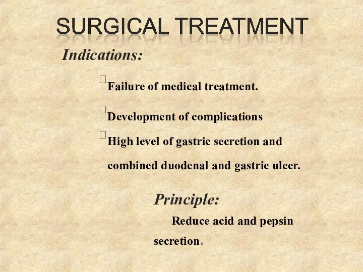 Indications: Failure of medical treatment. Development of complications High level of gastric