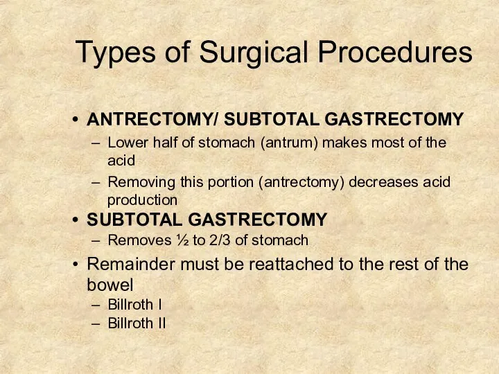 Types of Surgical Procedures ANTRECTOMY/ SUBTOTAL GASTRECTOMY Lower half of stomach (antrum)