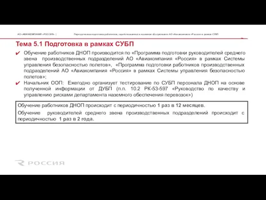 Тема 5.1 Подготовка в рамках СУБП Периодическая подготовка работников, задействованных в наземном