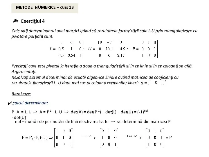 METODE NUMERICE – curs 13 ✍ Exerciţiul 4 Calculaţi determinantul unei matrici