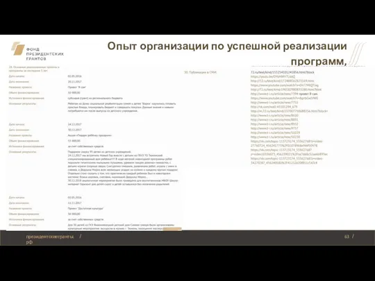 Опыт организации по успешной реализации программ, проектов по соответствующему направлению деятельности президентскиегранты.рф