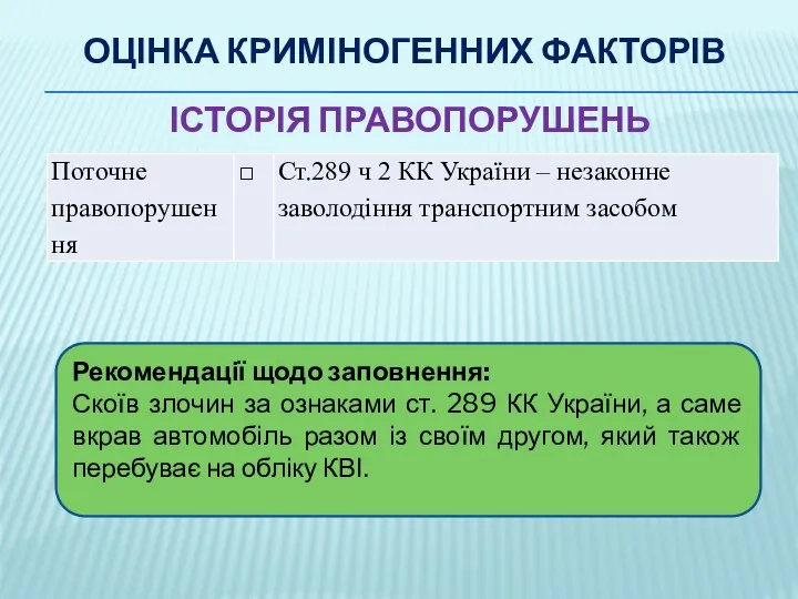 ОЦІНКА КРИМІНОГЕННИХ ФАКТОРІВ ІСТОРІЯ ПРАВОПОРУШЕНЬ Рекомендації щодо заповнення: Скоїв злочин за ознаками