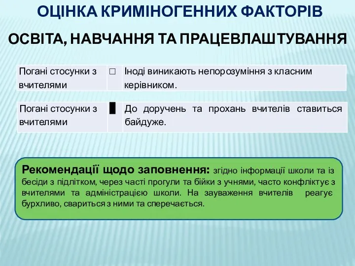 ОЦІНКА КРИМІНОГЕННИХ ФАКТОРІВ ОСВІТА, НАВЧАННЯ ТА ПРАЦЕВЛАШТУВАННЯ Рекомендації щодо заповнення: згідно інформації