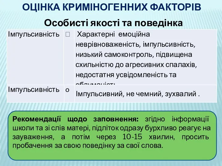 ОЦІНКА КРИМІНОГЕННИХ ФАКТОРІВ Особисті якості та поведінка Рекомендації щодо заповнення: згідно інформації