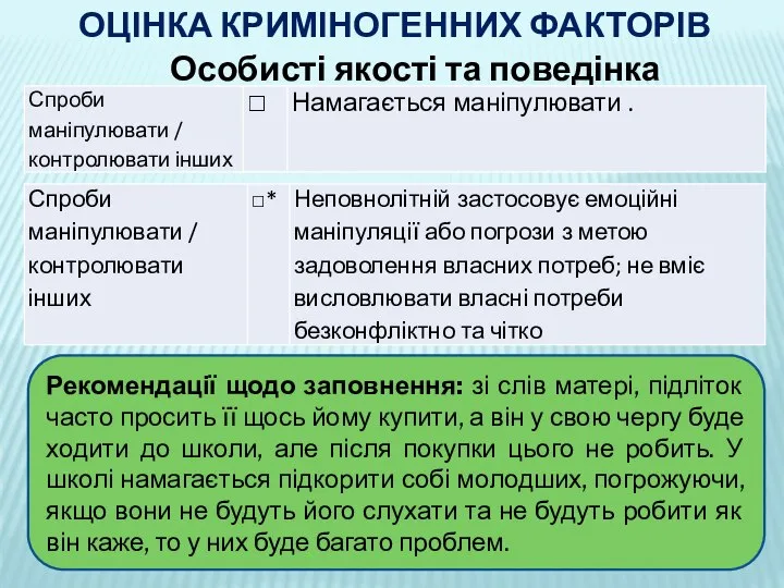 ОЦІНКА КРИМІНОГЕННИХ ФАКТОРІВ Особисті якості та поведінка Рекомендації щодо заповнення: зі слів