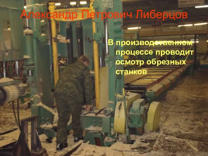 Александр Петрович Либерцов В производственном процессе проводит осмотр обрезных станков