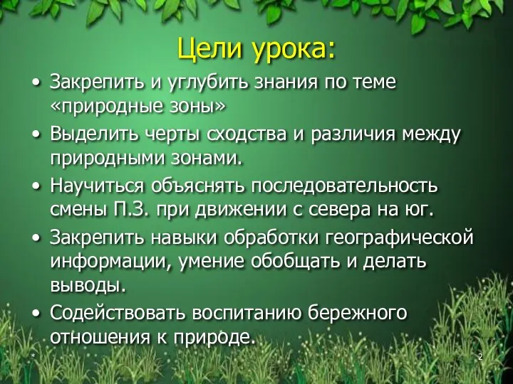 * Цели урока: Закрепить и углубить знания по теме «природные зоны» Выделить