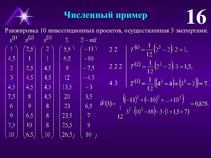 Численный пример 16 Ранжировка 10 инвестиционных проектов, осуществленная 3 экспертами. 2 2