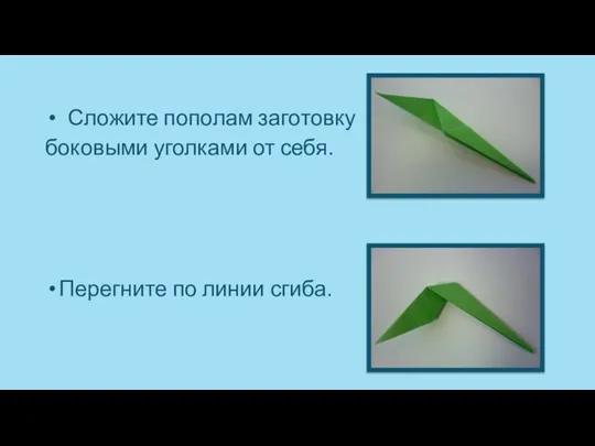 Сложите пополам заготовку боковыми уголками от себя. Перегните по линии сгиба.