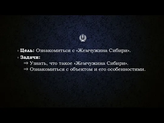 › Цель: Ознакомиться с «Жемчужина Сибири». › Задачи: ⇒ Узнать, что такое