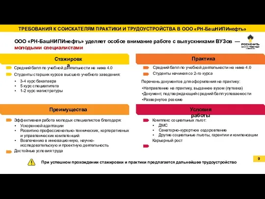 ТРЕБОВАНИЯ К СОИСКАТЕЛЯМ ПРАКТИКИ И ТРУДОУСТРОЙСТВА В ООО «РН-БашНИПИнефть» ООО «РН-БашНИПИнефть» уделяет