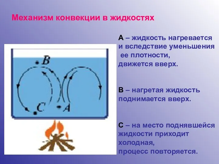 Механизм конвекции в жидкостях А – жидкость нагревается и вследствие уменьшения ее