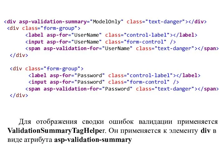Для отображения сводки ошибок валидации применяется ValidationSummaryTagHelper. Он применяется к элементу div в виде атрибута asp-validation-summary