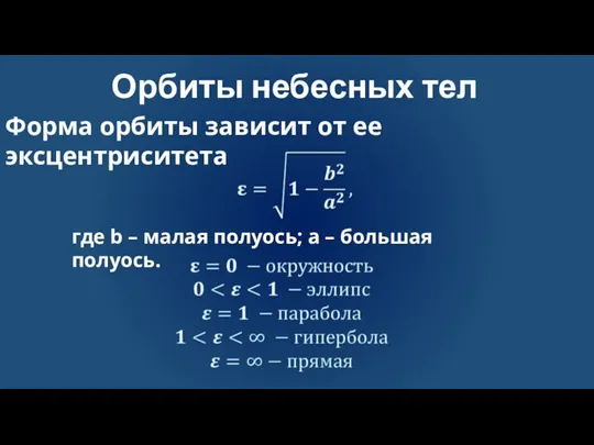 Орбиты небесных тел Форма орбиты зависит от ее эксцентриситета где b –