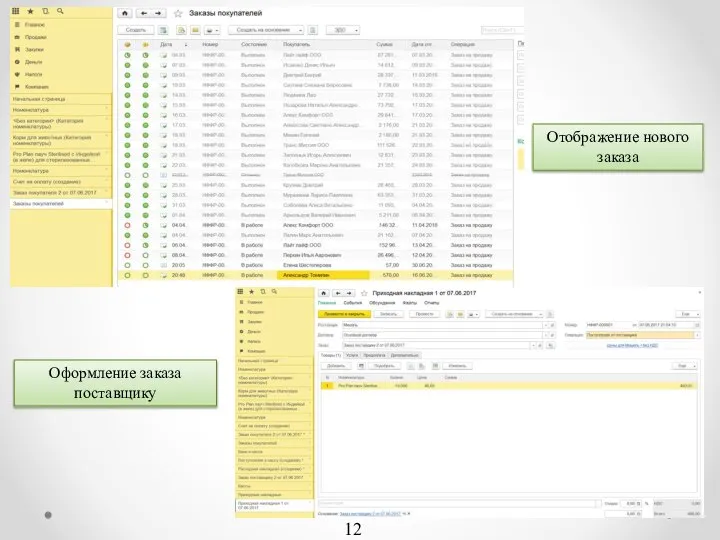 Отображение нового заказа Оформление заказа поставщику 12