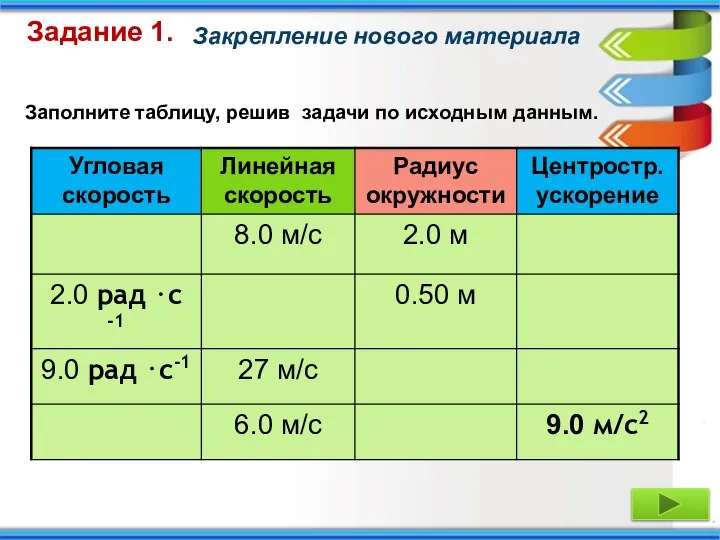 Заполните таблицу, решив задачи по исходным данным. Задание 1. Закрепление нового материала