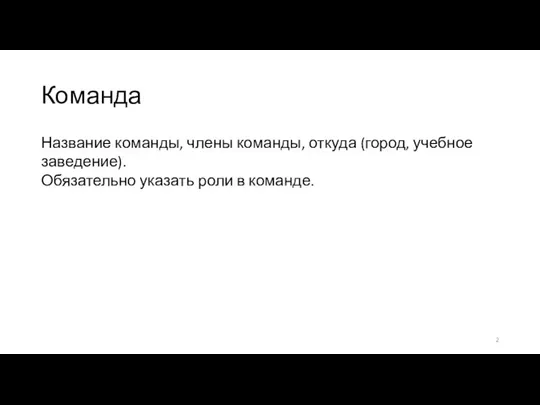 Команда Название команды, члены команды, откуда (город, учебное заведение). Обязательно указать роли в команде.