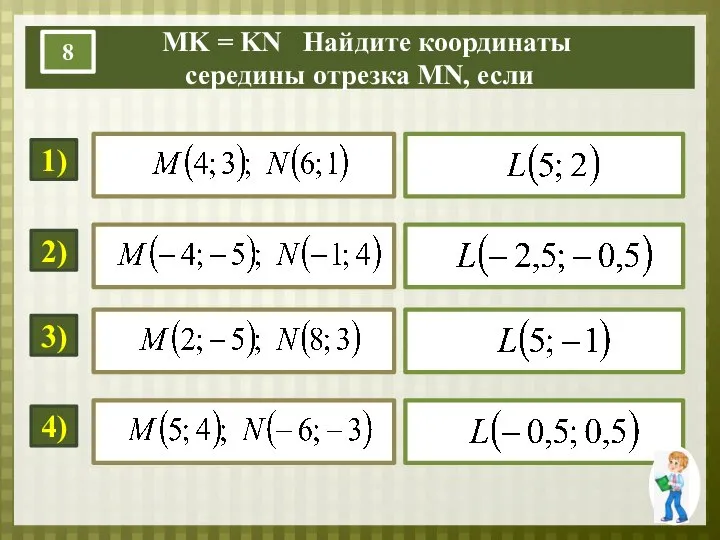 MK = KN Найдите координаты середины отрезка MN, если 8 1) 2)