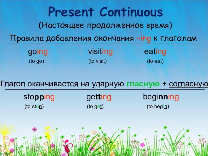 Present Continuous (Настоящее продолженное время) Правила добавления окончания –ing к глаголам going