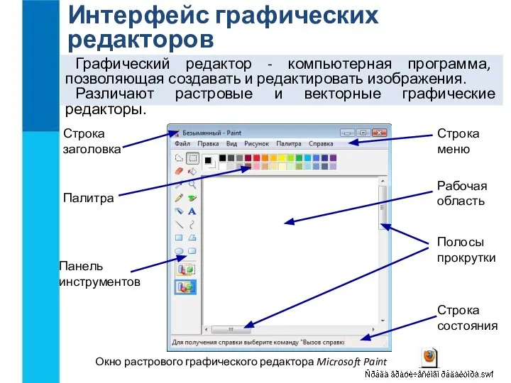 Интерфейс графических редакторов Графический редактор - компьютерная программа, позволяющая создавать и редактировать
