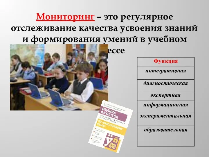 Мониторинг – это регулярное отслеживание качества усвоения знаний и формирования умений в учебном процессе