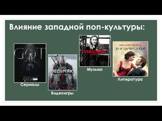 Влияние западной поп-культуры: Сериалы Музыка Литература Видеоигры