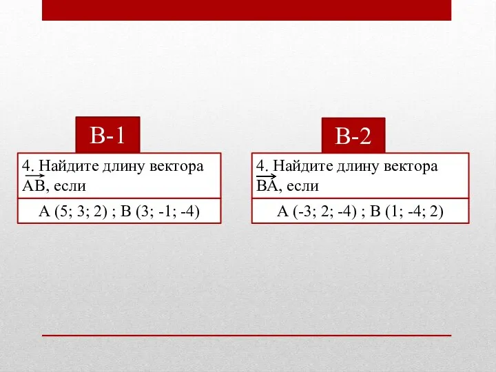 В-1 А (5; 3; 2) ; В (3; -1; -4) А (-3;