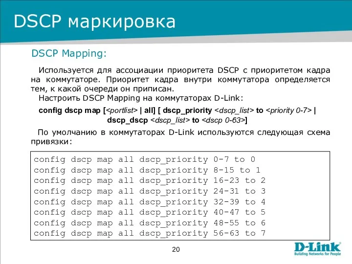 DSCP Mapping: Используется для ассоциации приоритета DSCP с приоритетом кадра на коммутаторе.