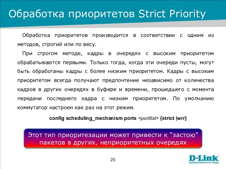 Обработка приоритетов Strict Priority Обработка приоритетов производится в соответствии с одним из