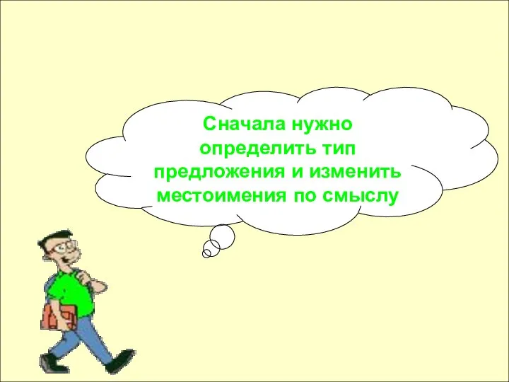 Сначала нужно определить тип предложения и изменить местоимения по смыслу